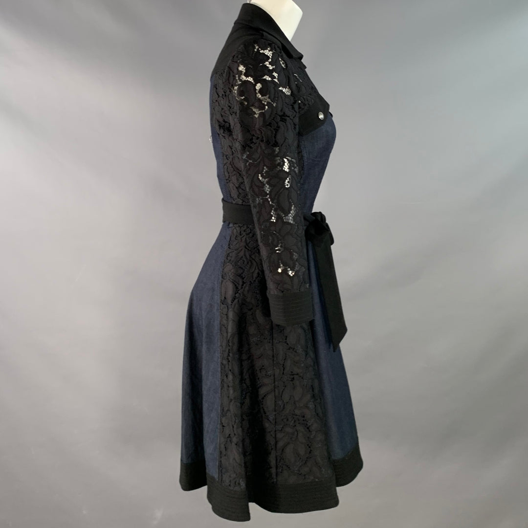 DIANE VON FURSTENBERG Size 4 Maggi Black Navy Cotton Blend Lace Long Sleeve Wrap Shirt Dress