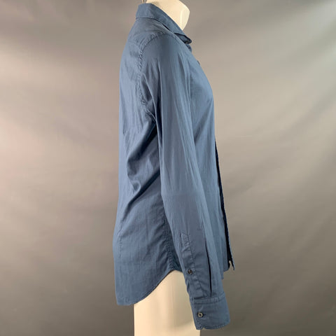 FEDELI Size M Blue Cotton Blend Spread Collar Long Sleeve Shirt