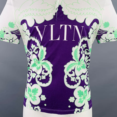 VALENTINO Size M White Purple Green Abstract Floral Print Cotton Buttoned Polo