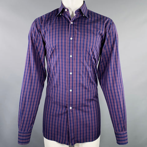 LUCIANO BARBERA Size M Purple Orange Plaid Cotton One Pocket Long Sleeve Shirt