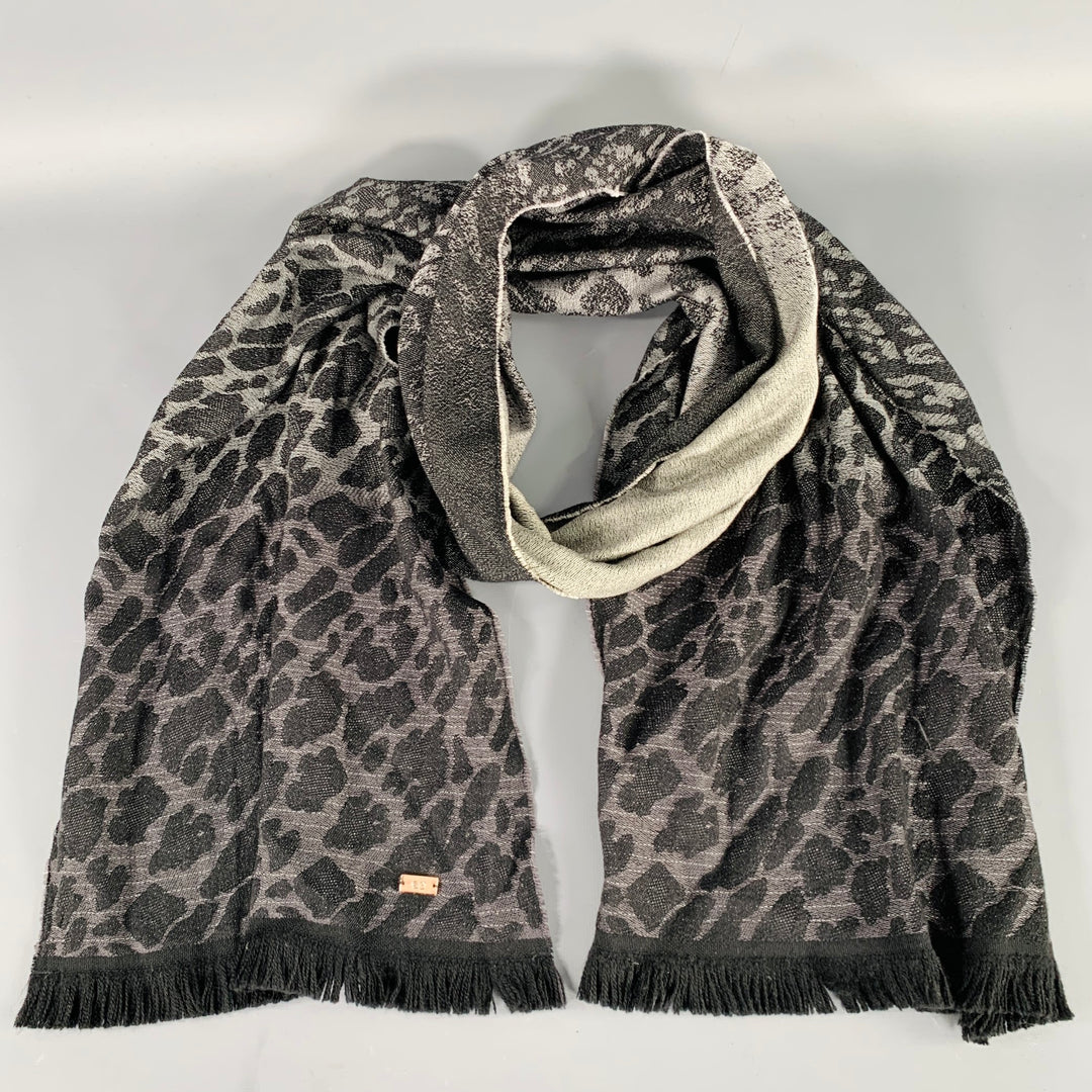 ESCADA Black Grey Animal Print Fringe Scarf
