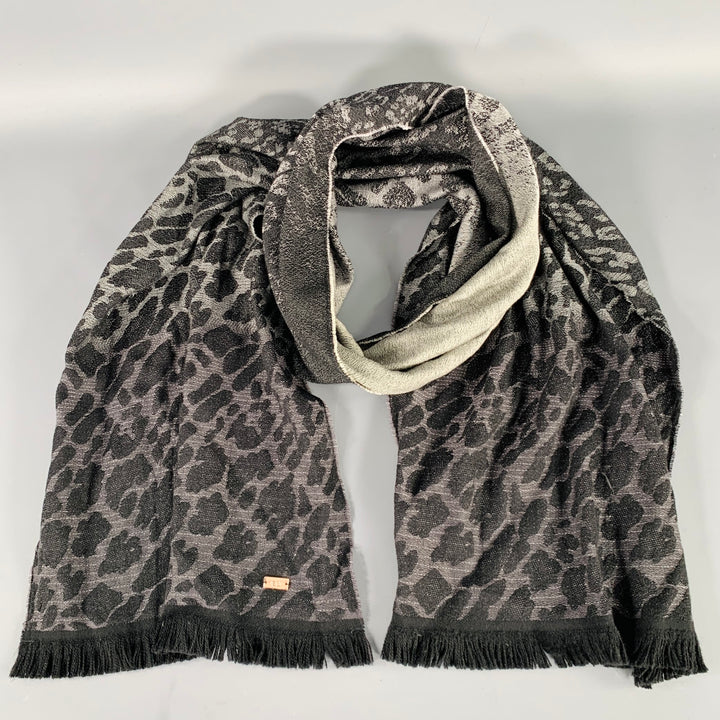 ESCADA Black Grey Animal Print Fringe Scarf