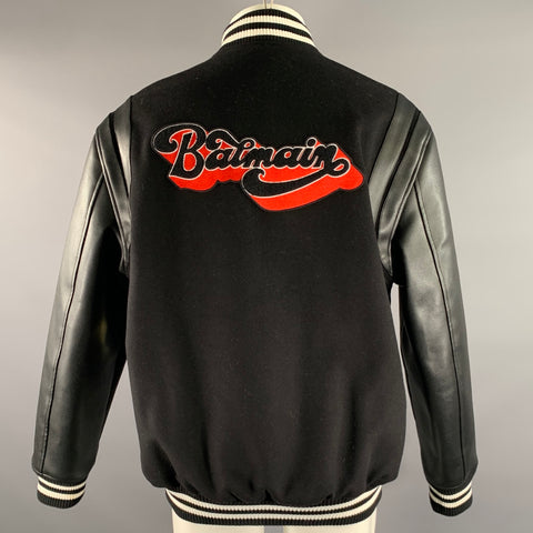 BALMAIN Size 40 Black Red White Patch Wool Faux Leather Varsity Jacket