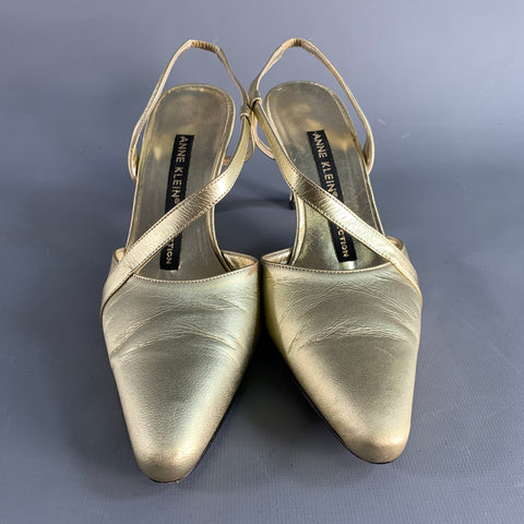 ANNE KLEIN Size 6.5 Gold Leather Ankle Strap Pumps