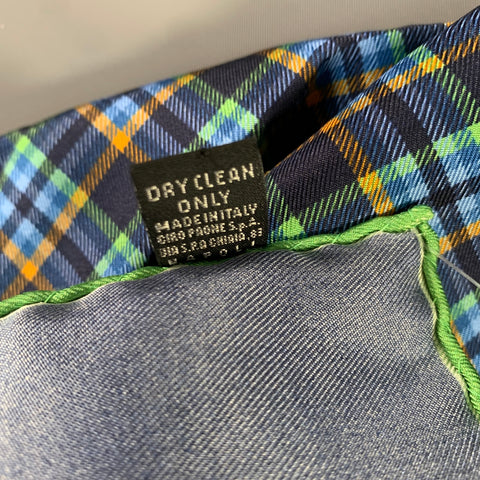 KITON Navy Green Plaid Silk Pocket Square