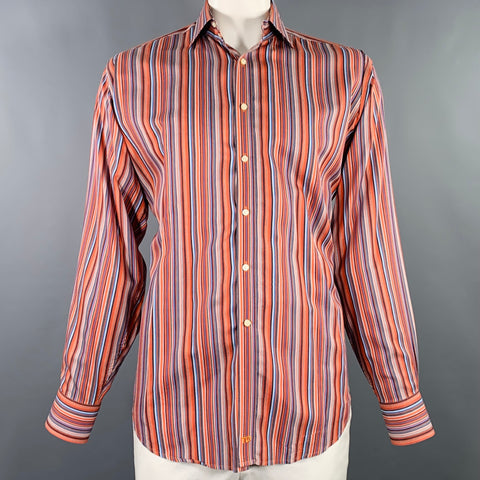 THOMAS DEAN Size XL Orange Blue Stripe Cotton Long Sleeve Shirt