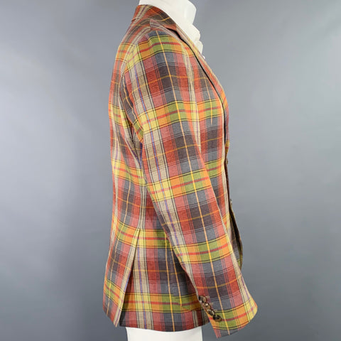 ETRO Size 38 Multi Color Plaid Linen Cotton Double Button Sport Coat