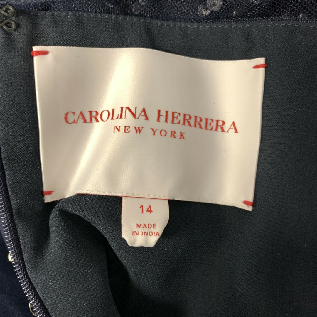 CAROLINA HERRERA Size 14 Navy Silver Nylon A-Line Long Gown
