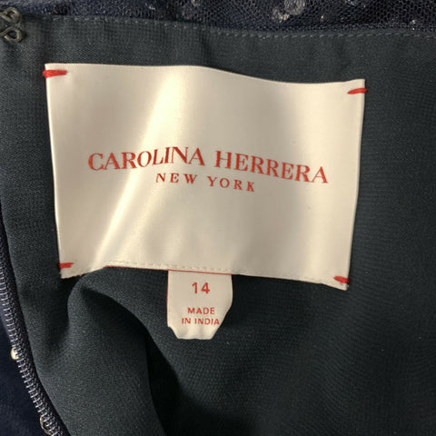 CAROLINA HERRERA Size 14 Navy Silver Nylon A-Line Long Gown