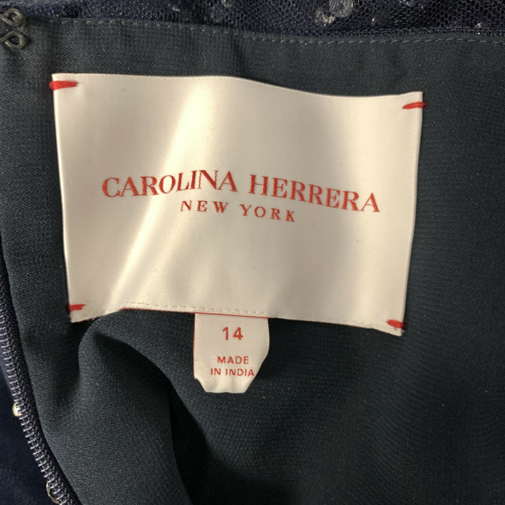 CAROLINA HERRERA Size 14 Navy Silver Nylon A-Line Long Gown