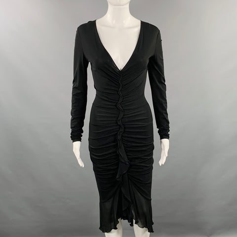 EMANUEL UNGARO Size XS Black Rayon Blend Ruffled Midi Cocktail Dress