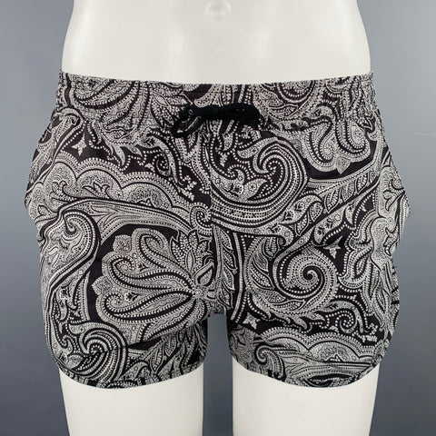 CHARLIE Size S Black Grey Paisley Polyester Blend Drawstring Swim Trunks