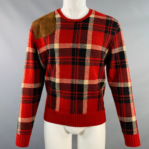 POLO by RALPH LAUREN Taille M Pull col rond en laine à carreaux rouge, noir et blanc