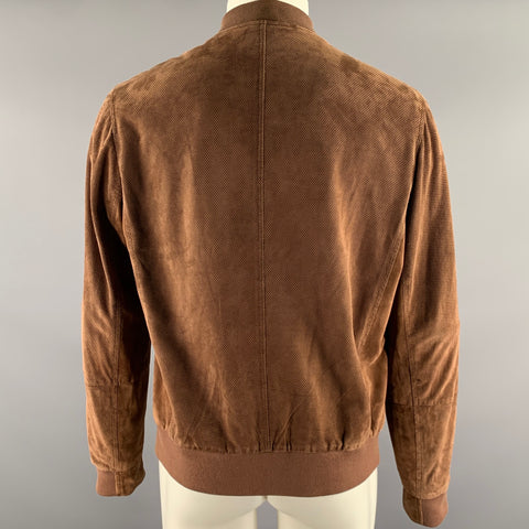 BRUNELLO CUCINELLI Size L Brown Perforated Leather Bomber Jacket