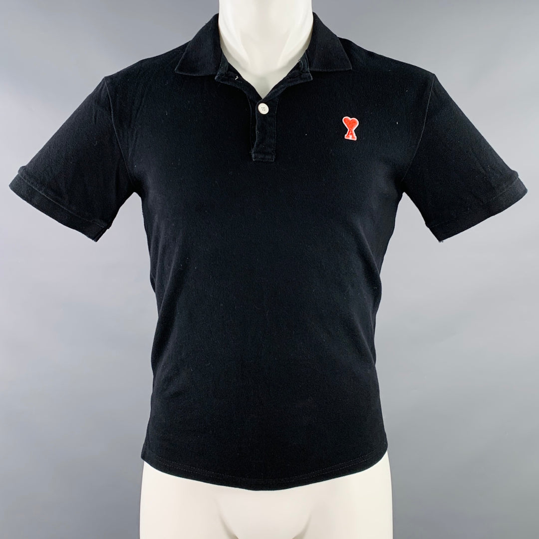 AMI Size M Black Red Heart Logo Cotton Half Placket Polo