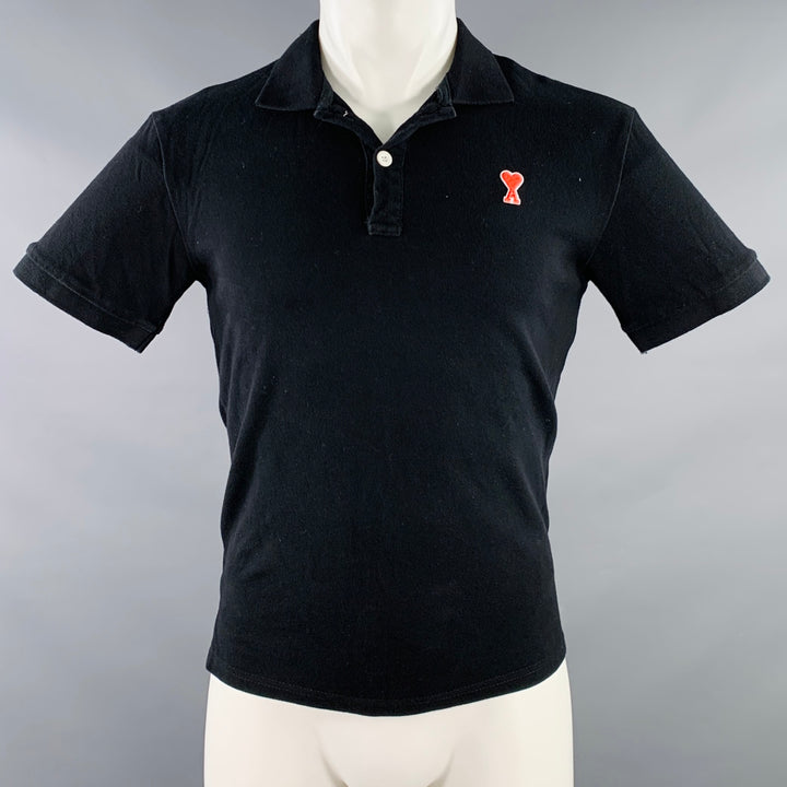 AMI Size M Black Red Heart Logo Cotton Half Placket Polo