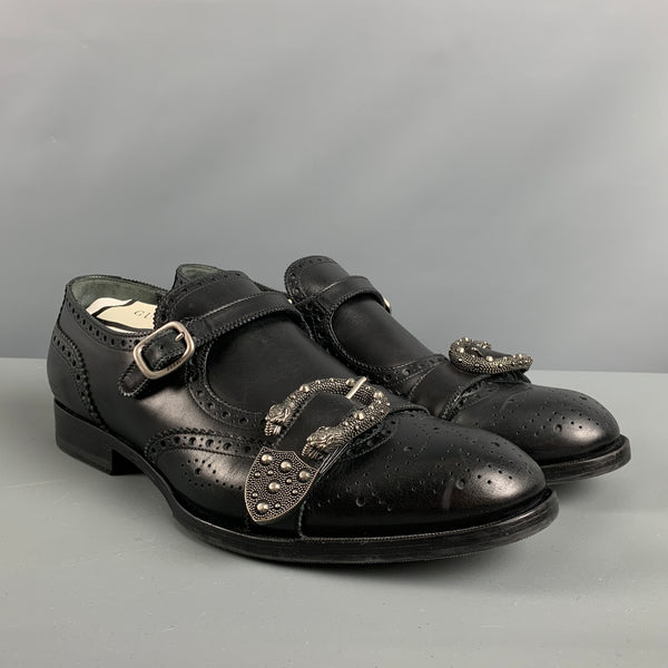 靴 gucci square toe monk strap shoes 90s GUCCI Size 11.5 Black Wingtip Leather Double Monk Strap Loafers