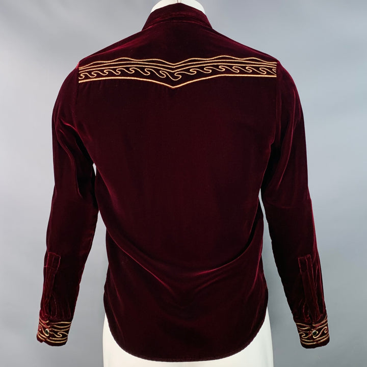 SAINT LAURENT AW18 Size M Burgundy Gold Embroidery Velvet Western Long Sleeve Shirt