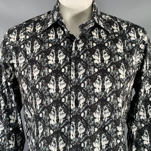 BILLIONAIRE COUTURE Size XL Black White Wolf Print Long Sleeve Shirt