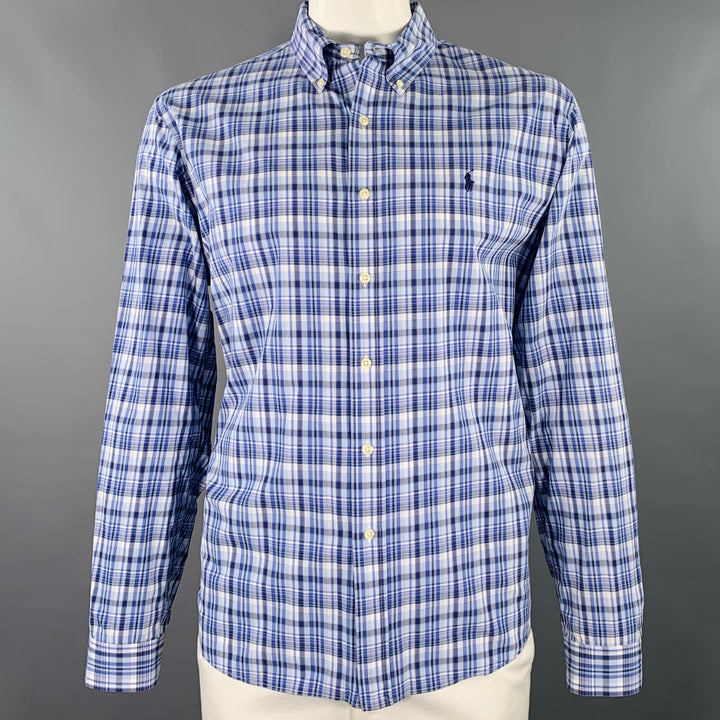 RALPH LAUREN Size XXL Blue Grey Plaid Cotton Button Down Long Sleeve Shirt