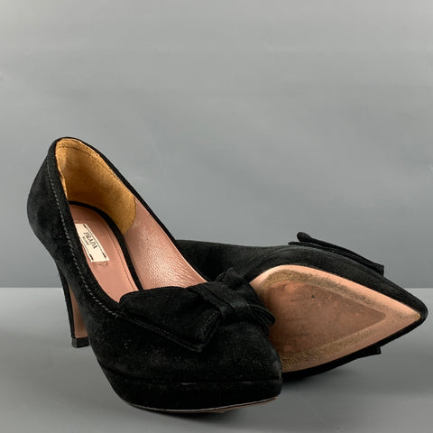 PRADA Size 5 Black Suede Bow Platform Pumps