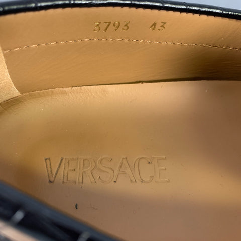 VERSACE Size 10 Black Gold Embossed Leather Slip On Loafers