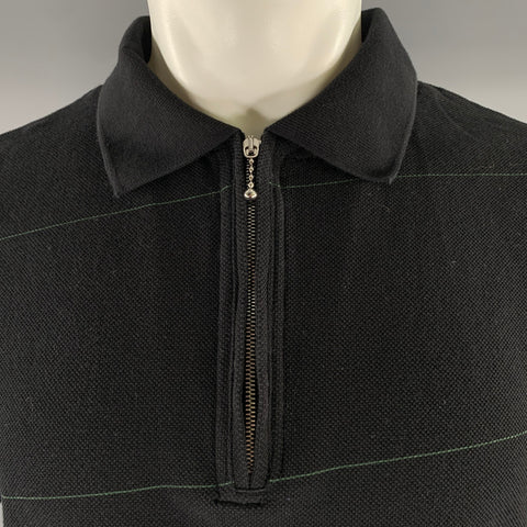 BURBERRY Size S Black Green Stripe Cotton Blend Zip Up Polo