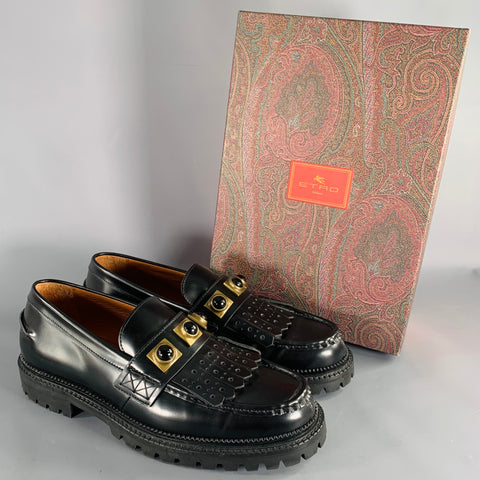 ETRO Size 12 Black Gold Studded Leather Moccasin Loafers