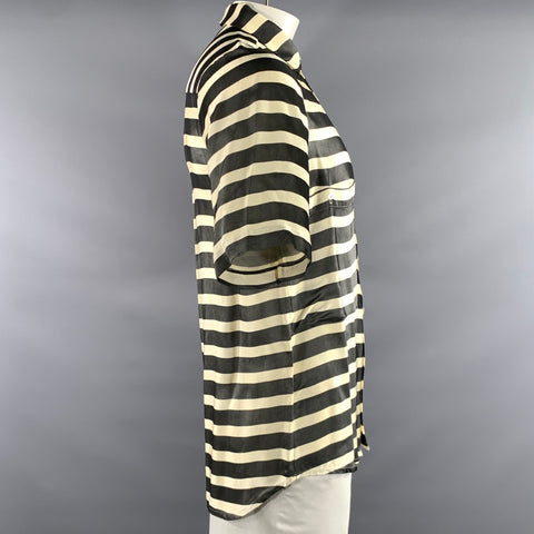 EX FINITAS Size XS Cream Black Stripe Viscose Pointed Collar Short Sleeve Shirt