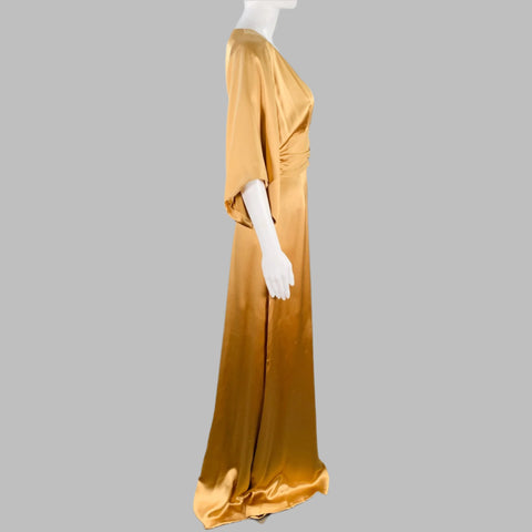 GUCCI Size 6 Gold Silk Ruched Short Sleeve Long Evening Gown