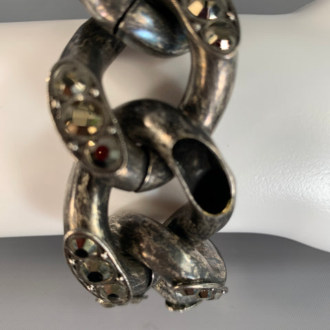 LANVIN Silver Gunmetal Chain Link Crystal Bracelet