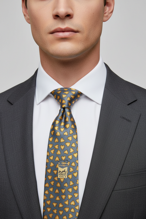 HERMES Blue Yellow Heart Silk Tie