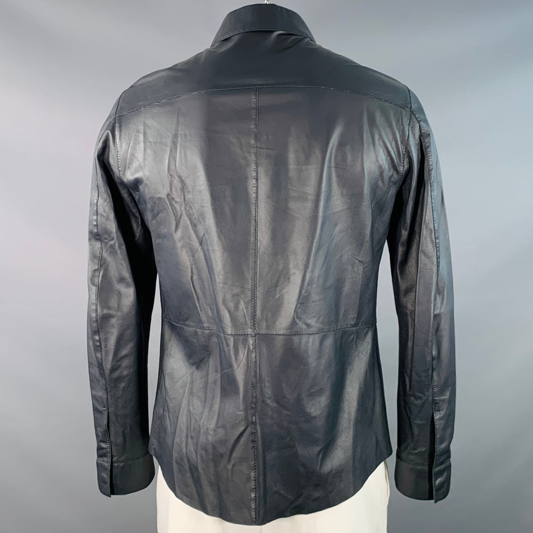 GIORGIO ARMANI Size 42 Navy Lambskin Leather Hidden Snaps Shirt Jacket