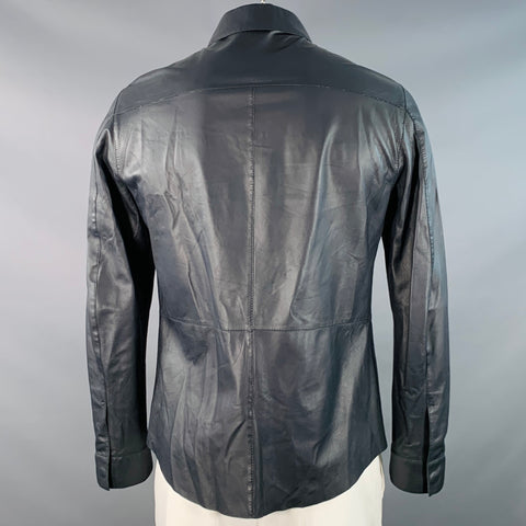 GIORGIO ARMANI Size 42 Navy Lambskin Leather Hidden Snaps Shirt Jacket