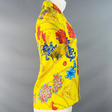 VERSACE Size M Yellow Multi Color Baroque Twill Short Sleeve Shirt