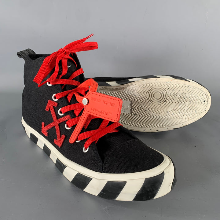 OFF-WHITE Size 13 Black Red Logo Canvas High Top Sneakers