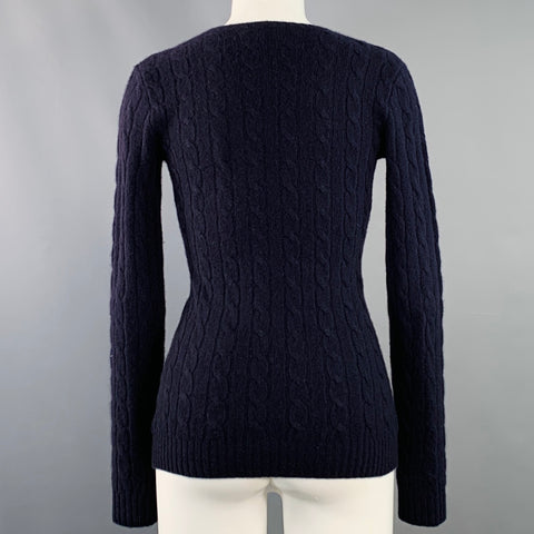 RALPH LAUREN Size S Navy Cashmere Cable Knit Slim Fit V-Neck Sweater