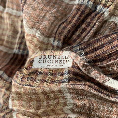BRUNELLO CUCINELLI Size Brown Tan Plaid Linen Scarves