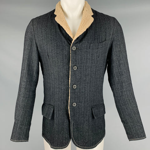 GOLD CASE Size S Navy Cream Linen Wool Herringbone Single Breasted Jacket