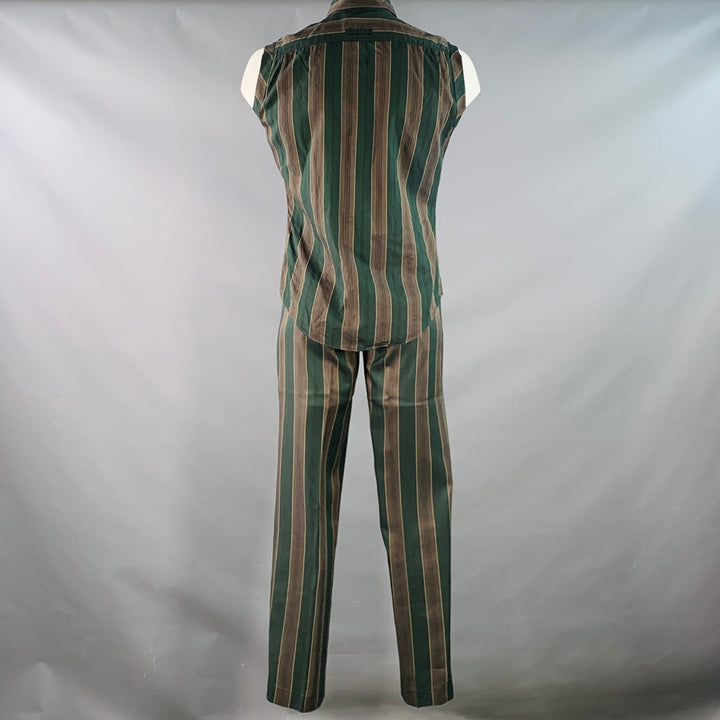 JEAN PAUL GAULTIER Size L Green Brown Stripe Sleeveless One Pocket Tie Suit