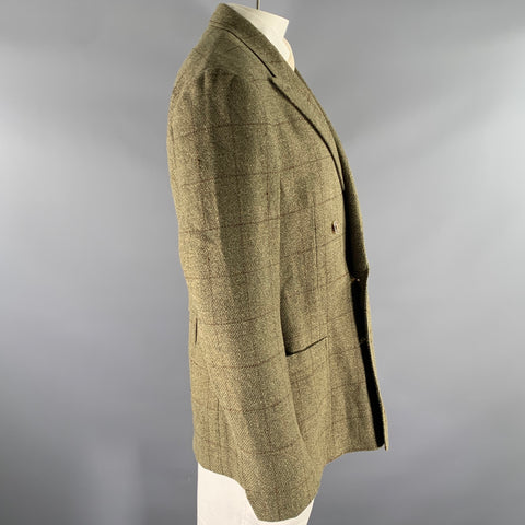 RALPH LAUREN Size 46 Green Brown Window Pane Wool Linen Silk Sport Coat