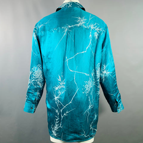HAIDER ACKERMANN Size M Teal White Jacquard Linen Silk Layered Long Sleeve Shirt