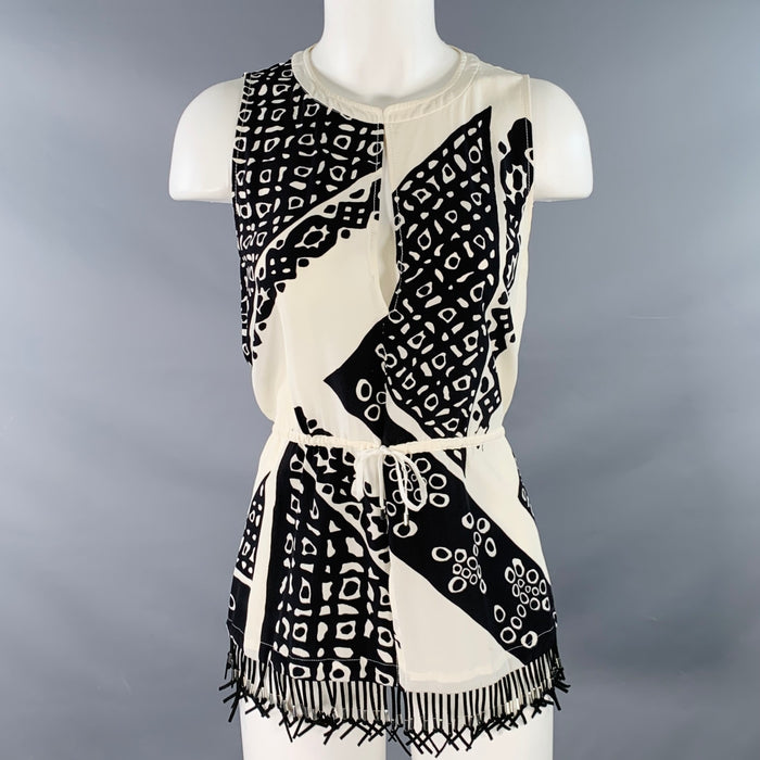 Haut sans manches décontracté à franges, imprimé abstrait, noir et crème, ALTUZARRA Taille 6