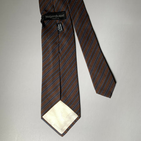 YVES SAINT LAURENT Brown Blue Diagonal Stripe Silk Tie