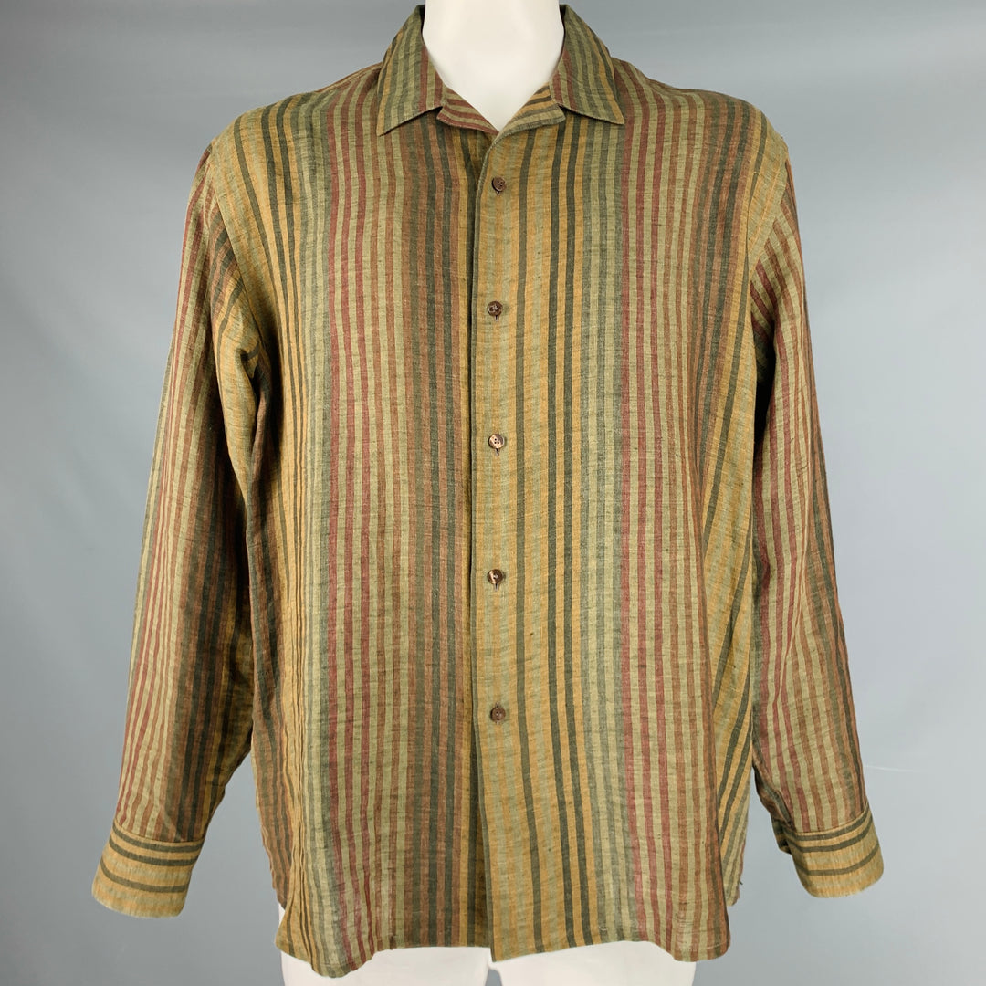 ETRO Size XL Burgundy Green Stripe Linen Oversized Long Sleeve Shirt