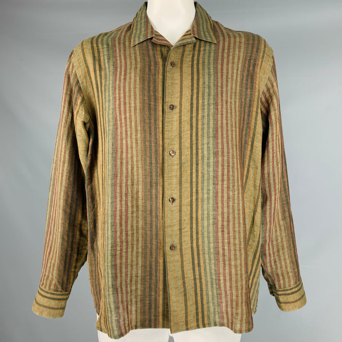 ETRO Size XL Burgundy Green Stripe Linen Oversized Long Sleeve Shirt