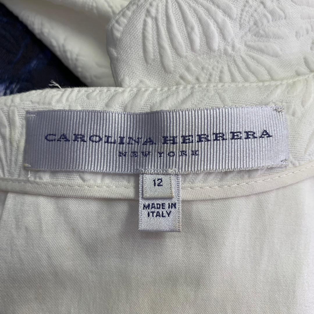 CAROLINA HERRERA Size 12 White Indigo Cotton Blend Abstract Floral Dress