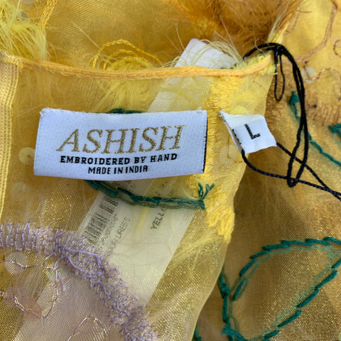 ASHISH Size L Yellow Lavender Floral Organza Ostrich Cocktail Dress