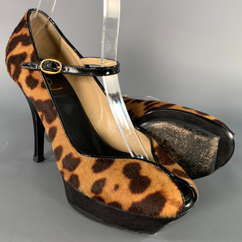 YVES SAINT LAURENT Size 6 Tribute  Brown Black Calf Hair Animal Print Platform Sandals