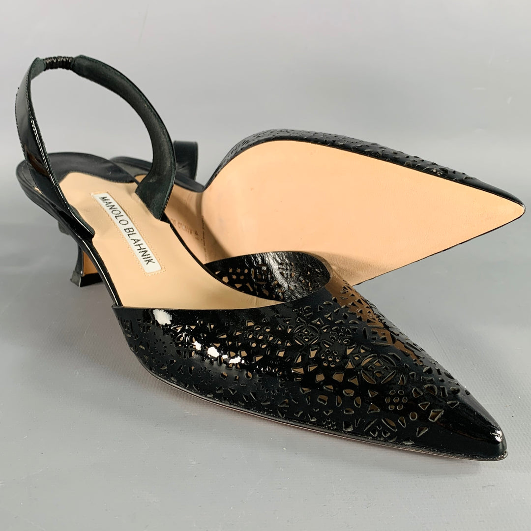 MANOLO BLAHNIK Size 11 Black Perforated Patent Leather Slingback Pumps